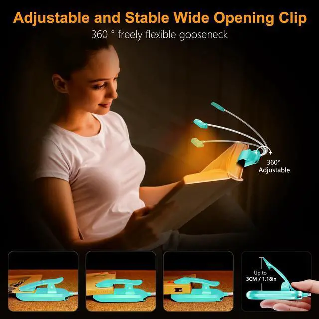 Alt view image 5 of 7 - Rechargeable Book Light for Reading in Bed with 19 LED &Memory Function-Eye Caring 3 Color Temperatures,5 Brightness Levels,90 Hrs Runtime Flexible Goose Neck Clip on Light-Blue