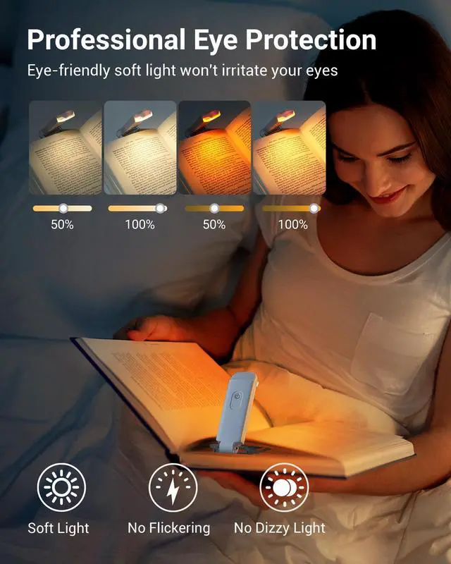 Alt view image 2 of 7 - Book Reading Light, Rechargeable Booklight for Reading at Night, Clip on LED Book for Kids, Bookworms, Blue Light Blocking, 4 Brightness Adjustable for Eye Care (White)