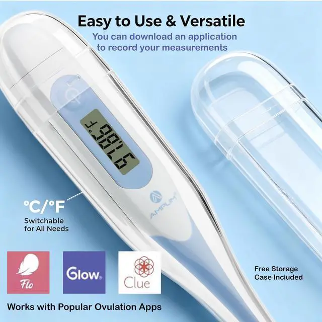 Alt view image 7 of 7 - Digital Basal Thermometer, Medical Grade Accurate BBT for Ovulation Tracking, 1/100th Degree High Precision Fertility Prediction, 60-Sec Read, Memory Recall, Flexible Waterproof Tip (Blue)