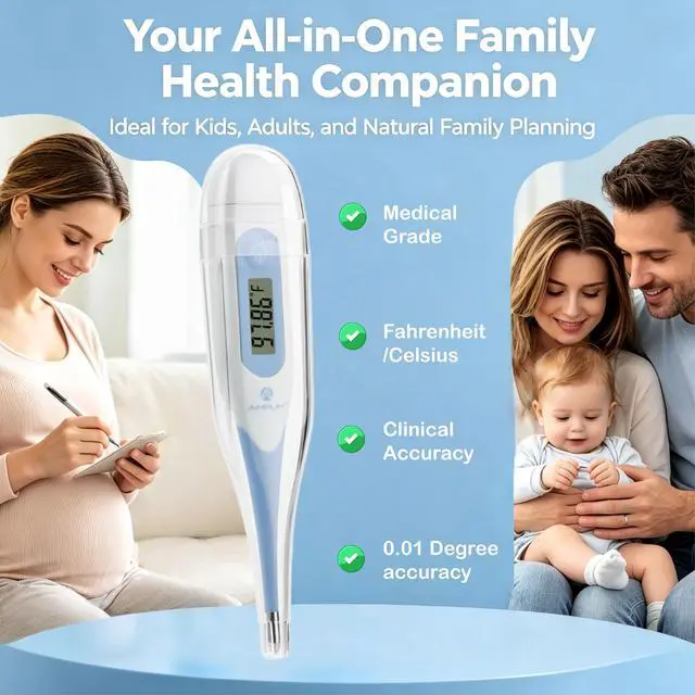 Alt view image 2 of 7 - Digital Basal Thermometer, Medical Grade Accurate BBT for Ovulation Tracking, 1/100th Degree High Precision Fertility Prediction, 60-Sec Read, Memory Recall, Flexible Waterproof Tip (Blue)