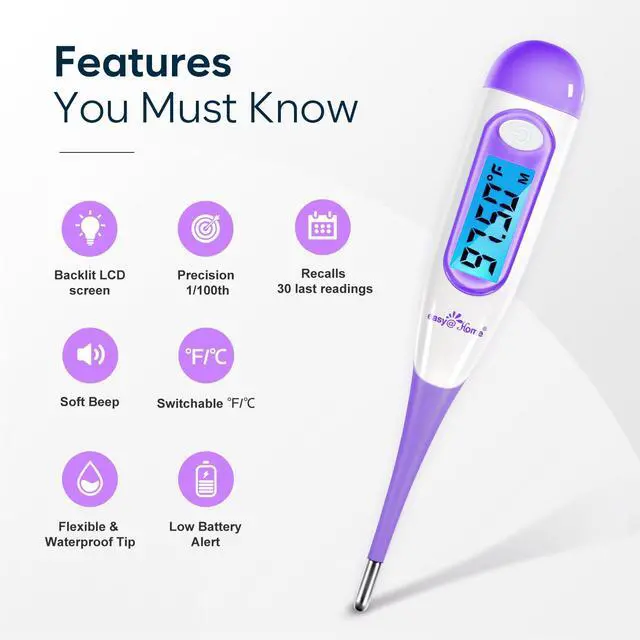 Alt view image 2 of 7 - Digital Basal Thermometer with Large Backlight LCD Display, 1/100th Degree High Precision and Memory Recall, NOT Bluetooth Enabled,Upgraded EBT-100B-P (Purple)
