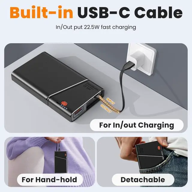 Alt view image 6 of 7 - Portable Charger Power Bank, 20000mAh 22.5W PD Super Fast Charging Powerbank with Built-in USB C in&Out Cable, External Phone Battery Pack for iPhone 17/16/15 iPad Samsung S24 Android etc