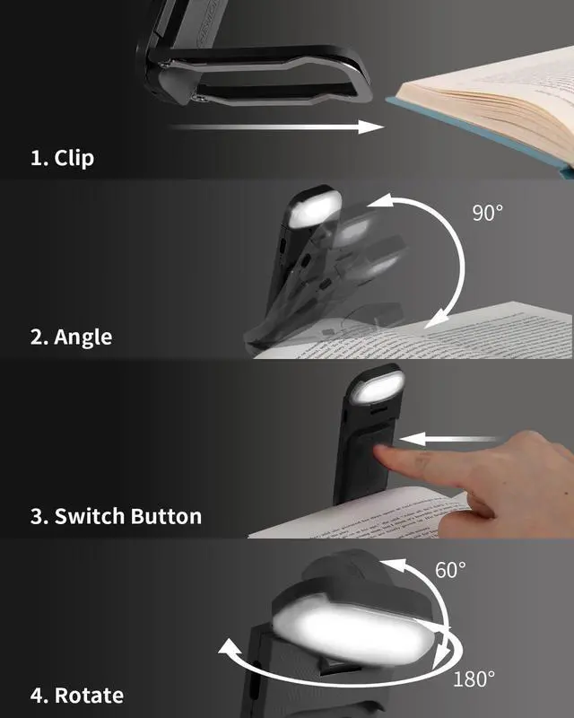 Alt view image 5 of 7 - Book Reading Light, Rechargeable Clip on Booklight, Eye Caring 3 Color Temperatures & 5 Brightness Levels, Night Use for Bed, Long Lasting, Reading at Night in Bed, Black