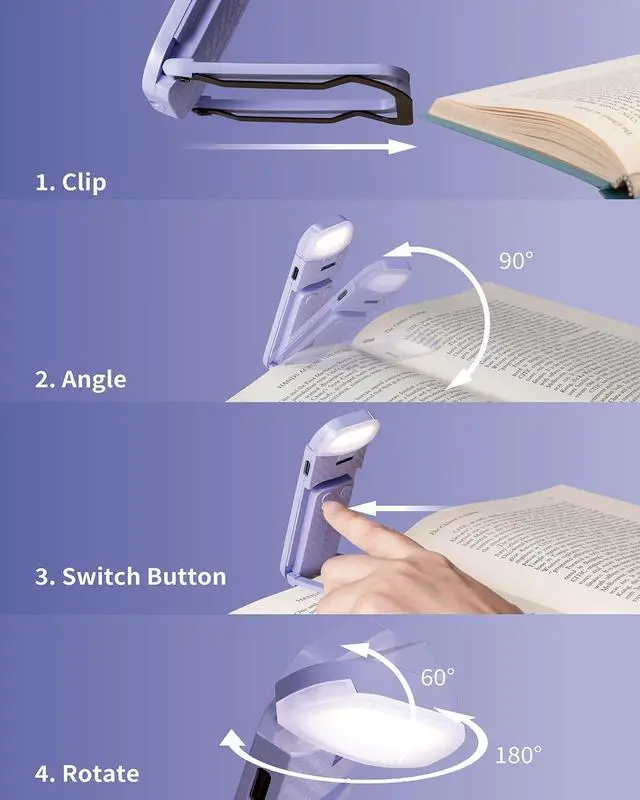 Alt view image 5 of 7 - Book Reading Light, Rechargeable Clip on Booklight, Eye Caring 3 Color Temperatures & 5 Brightness Levels, Night Use for Bed, Long Lasting, Reading at Night in Bed, Romantic Purple