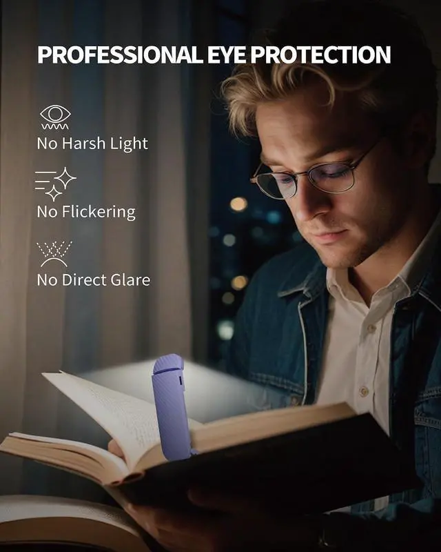 Alt view image 3 of 7 - Book Reading Light, Rechargeable Clip on Booklight, Eye Caring 3 Color Temperatures & 5 Brightness Levels, Night Use for Bed, Long Lasting, Reading at Night in Bed, Romantic Purple
