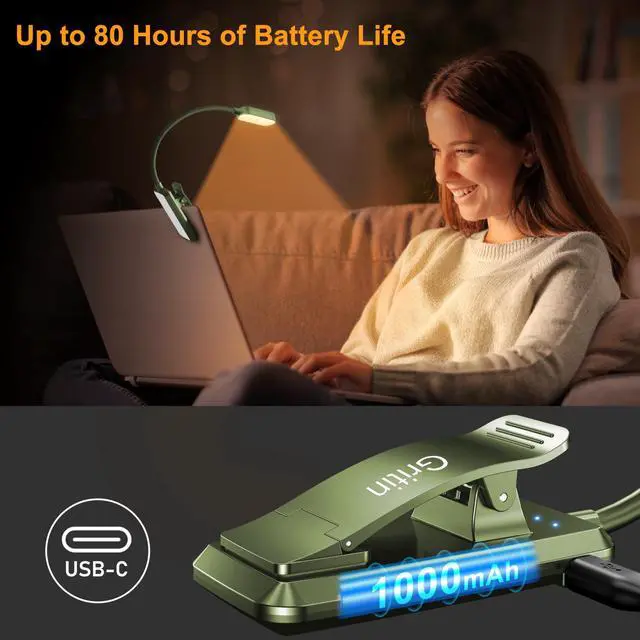Alt view image 5 of 6 - 16 LED Rechargeable Book Light for Reading in Bed- Eye Caring 3 Color Temperatures, Stepless Dimming Brightness, 80 Hrs Runtime, Lightweight Flexible Clip on Light for Book Lovers-Dark Green