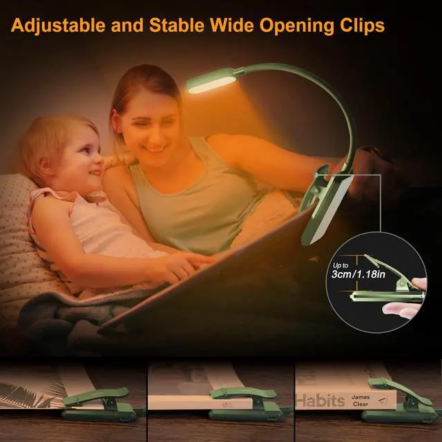 Alt view image 4 of 6 - 16 LED Rechargeable Book Light for Reading in Bed- Eye Caring 3 Color Temperatures, Stepless Dimming Brightness, 80 Hrs Runtime, Lightweight Flexible Clip on Light for Book Lovers-Dark Green