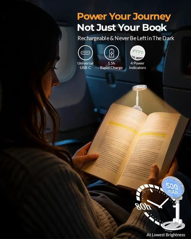 Alt view image 7 of 7 - Reading Lights for Books in Bed: 18 LED Rechargeable Clip-on Book Light with Timer Memory, Eye Care 3-Color Stepless Dimming Compact Portable for Travel, Crafting, Knitting, Book Lovers Gifts