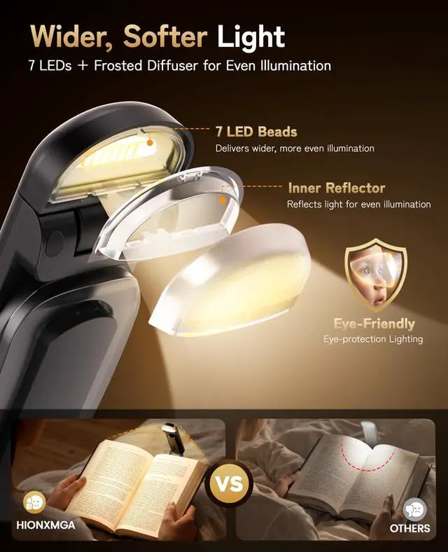 Alt view image 3 of 7 - Book Light Rechargeable, Eye-Care Clip on Reading Light for Books in Bed, 3 Color & Stepless Dimming, 140H Long Lasting Book Lights for Reading at Night, Gifts for Book Lovers(Black)