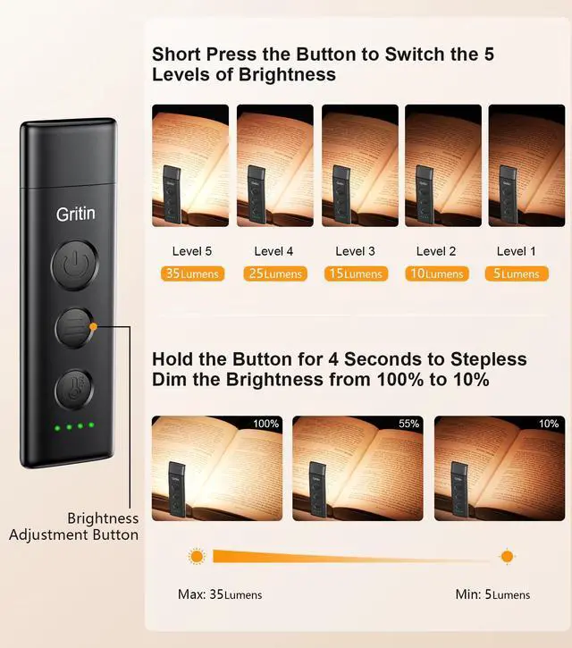 Alt view image 2 of 7 - Book Light Rechargeable, Eye Caring 3-Color & 5-Brightness Clip on LED Reading Light for Books in Bed- Stepless Dimming, Long Lasting, Compact Size Flexible Book Lamp for Bookworms-Black