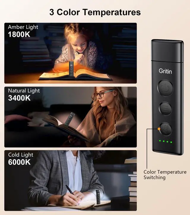 Alt view image 3 of 7 - Book Light Rechargeable, Eye Caring 3-Color & 5-Brightness Clip on LED Reading Light for Books in Bed- Stepless Dimming, Long Lasting, Compact Size Flexible Book Lamp for Bookworms-Black
