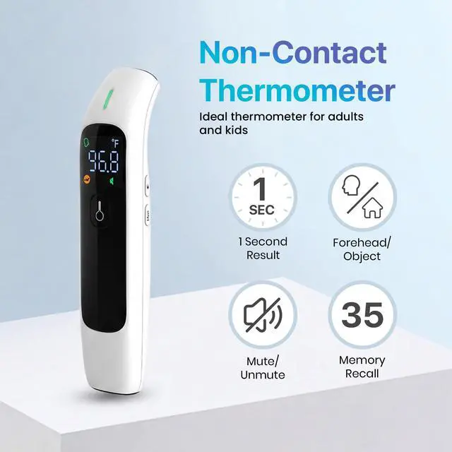 Alt view image 3 of 7 - No-Touch Infrared Forehead Thermometer for Adults & Kids 1-Second Fast Reading, 3-Mode Digital Thermometer (Forehead, Object & Room), Fever Alarm with 3-Color Indicator, Mute Mode, 35 Memory Recall