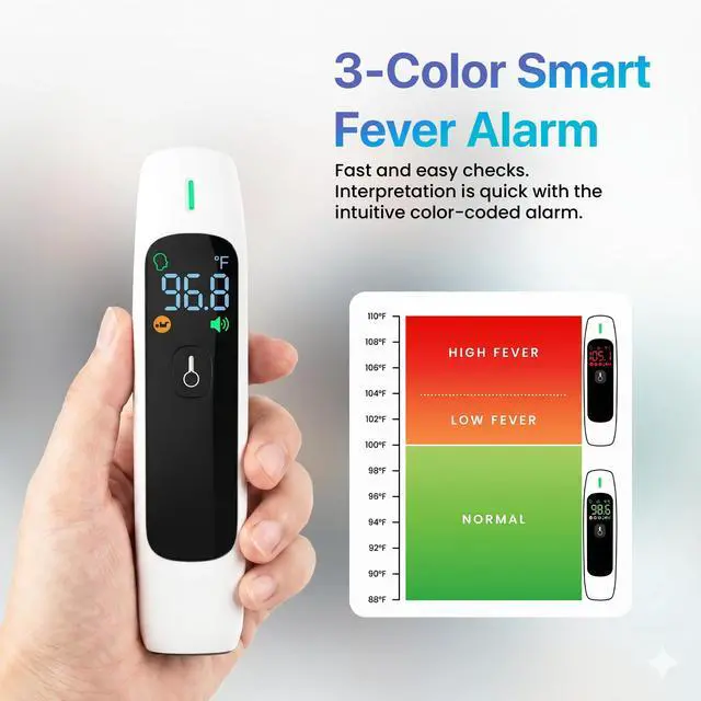 Alt view image 4 of 7 - No-Touch Infrared Forehead Thermometer for Adults & Kids 1-Second Fast Reading, 3-Mode Digital Thermometer (Forehead, Object & Room), Fever Alarm with 3-Color Indicator, Mute Mode, 35 Memory Recall