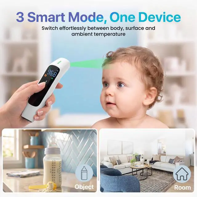 Alt view image 5 of 7 - No-Touch Infrared Forehead Thermometer for Adults & Kids 1-Second Fast Reading, 3-Mode Digital Thermometer (Forehead, Object & Room), Fever Alarm with 3-Color Indicator, Mute Mode, 35 Memory Recall