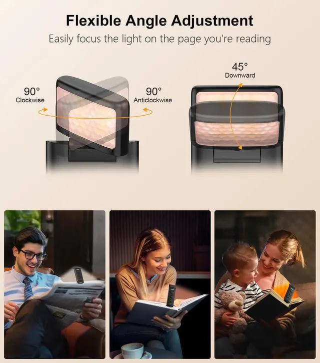 Alt view image 6 of 7 - Book Light Rechargeable, Eye Caring 3-Color & 5-Brightness Clip on LED Reading Light for Books in Bed- Stepless Dimming, Long Lasting, Compact Size Flexible Book Lamp for Bookworms-Black