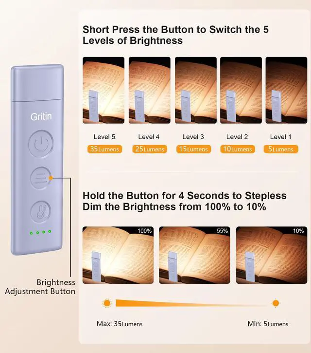 Alt view image 2 of 7 - Book Light Rechargeable, Eye Caring 3-Color & 5-Brightness Clip on LED Reading Light for Books in Bed- Stepless Dimming, Long Lasting, Compact Size Flexible Book Lamp for Bookworms-Purple