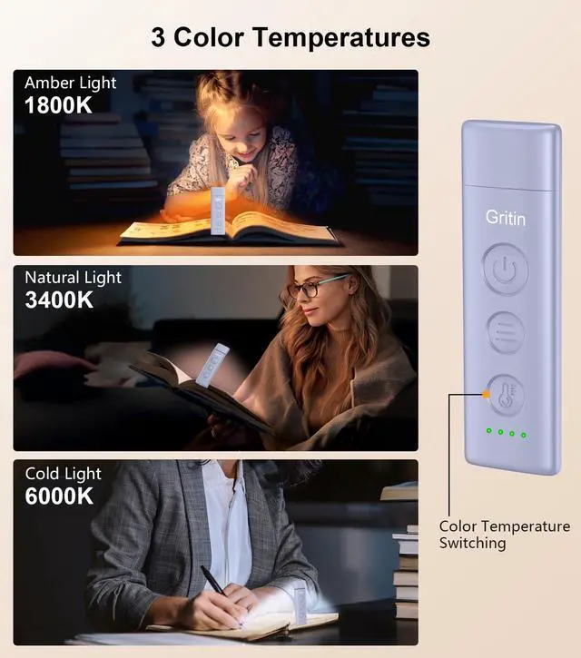 Alt view image 3 of 7 - Book Light Rechargeable, Eye Caring 3-Color & 5-Brightness Clip on LED Reading Light for Books in Bed- Stepless Dimming, Long Lasting, Compact Size Flexible Book Lamp for Bookworms-Purple