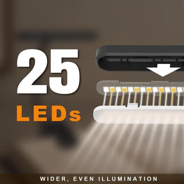 Alt view image 2 of 7 - Rechargeable Book Light for Reading in Bed 25 LED - Eye Caring 15 Level Stepless Dimming, Extended 90Hrs Runtime, Lightweight Clip on Light, Gifts for Book Lovers, Black