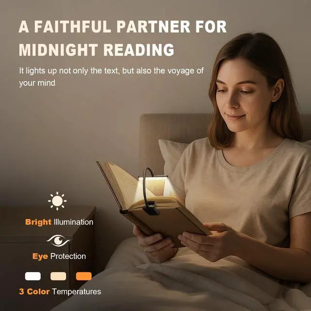 Alt view image 5 of 7 - Rechargeable Book Light for Reading in Bed 25 LED - Eye Caring 15 Level Stepless Dimming, Extended 90Hrs Runtime, Lightweight Clip on Light, Gifts for Book Lovers, Black