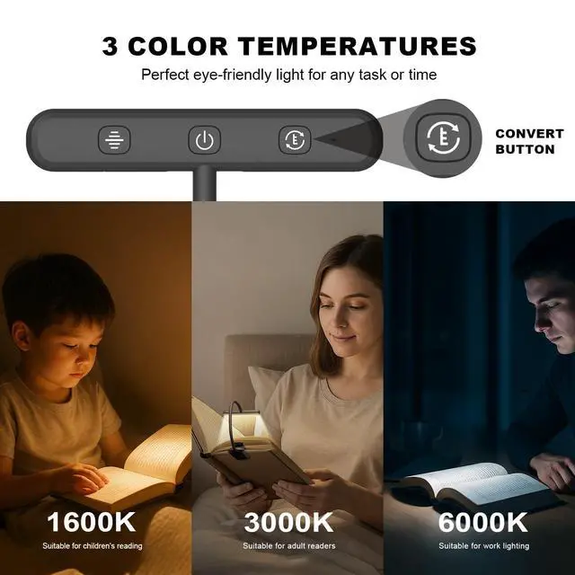 Alt view image 6 of 7 - Rechargeable Book Light for Reading in Bed 25 LED - Eye Caring 15 Level Stepless Dimming, Extended 90Hrs Runtime, Lightweight Clip on Light, Gifts for Book Lovers, Black