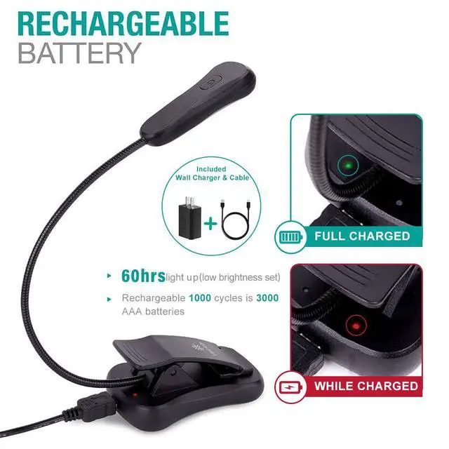 Alt view image 4 of 7 - Book Light Set with Charger, Clip on Reading Light in Bed with 3 Brightness, Up to 60 Hrs, Rechargeable, Eye-Care Warm LED for Read Before Bed (Incl Travel Case, Cable)
