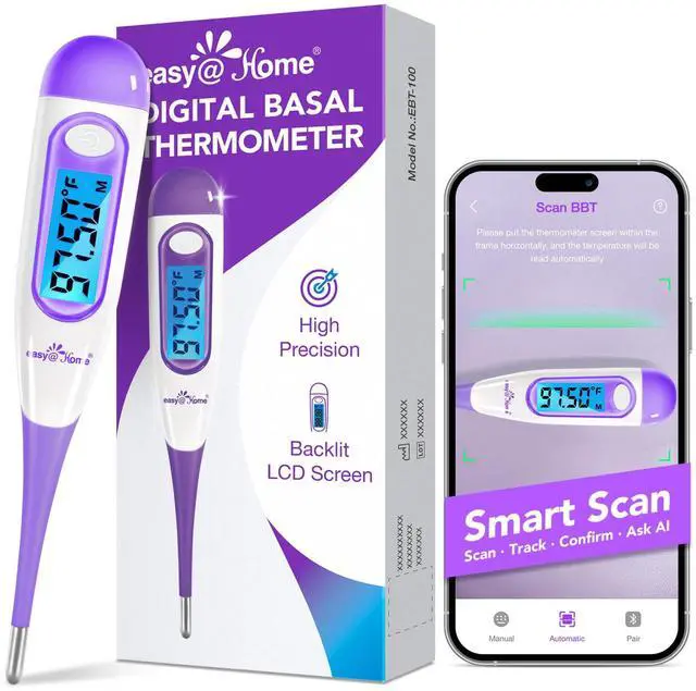Main image of Digital Basal Thermometer with Large Backlight LCD Display, 1/100th Degree High Precision and Memory Recall, NOT Bluetooth Enabled,Upgraded EBT-100B-P (Purple)