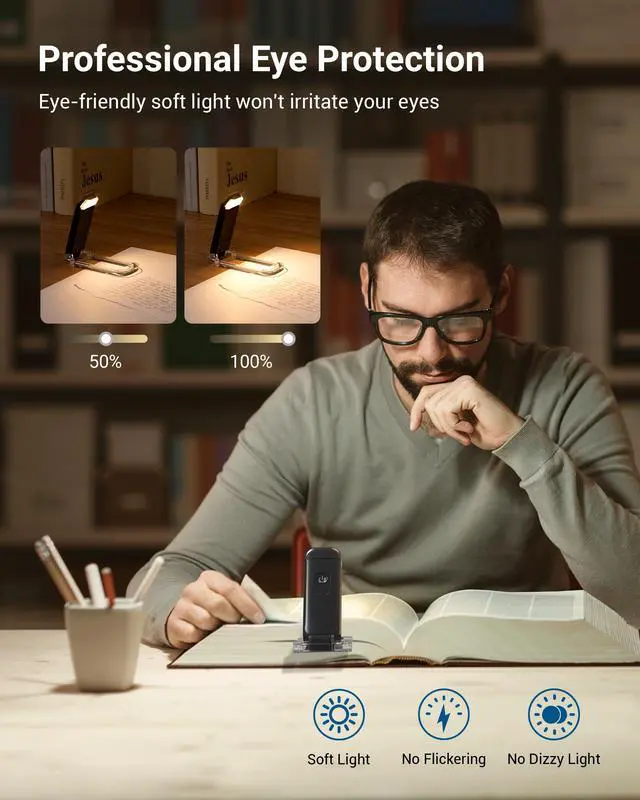 Alt view image 2 of 7 - USB Rechargeable Book Light for Reading in Bed, Warm White, Brightness Adjustable, LED Clip on Book Reading Lights, Perfect for Bookworms, Kids, Black