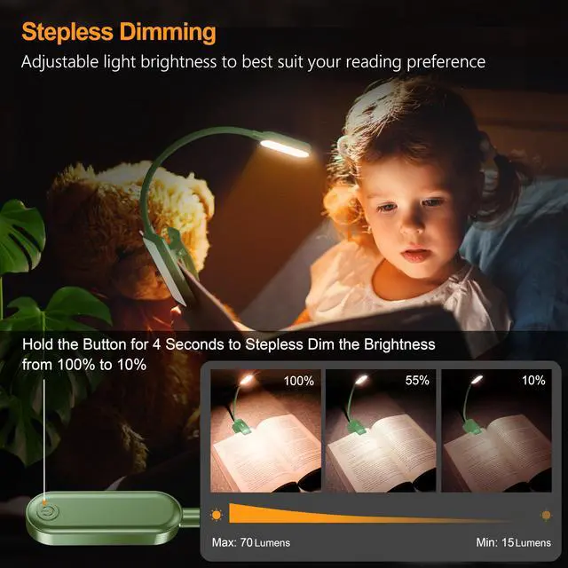 Alt view image 3 of 6 - 16 LED Rechargeable Book Light for Reading in Bed- Eye Caring 3 Color Temperatures, Stepless Dimming Brightness, 80 Hrs Runtime, Lightweight Flexible Clip on Light for Book Lovers-Dark Green