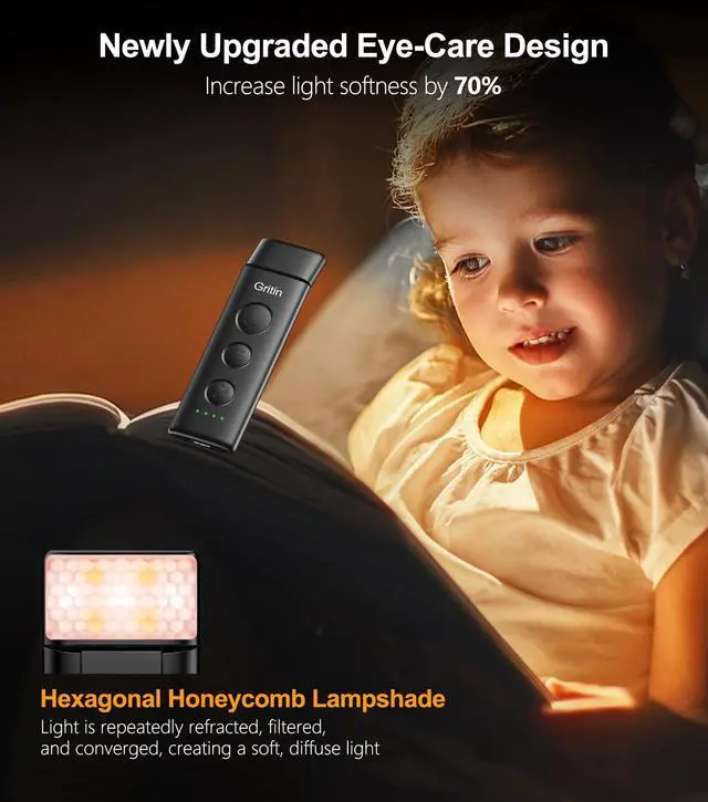 Alt view image 4 of 7 - Book Light Rechargeable, Eye Caring 3-Color & 5-Brightness Clip on LED Reading Light for Books in Bed- Stepless Dimming, Long Lasting, Compact Size Flexible Book Lamp for Bookworms-Black