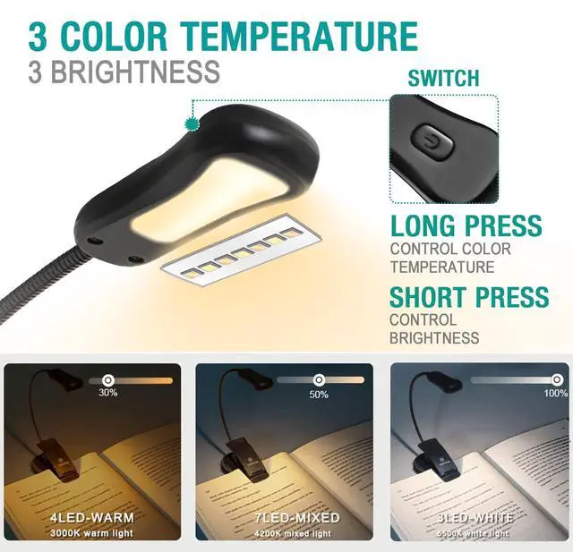 Alt view image 2 of 7 - /LuminoLite Rechargeable Book Light, Reading Lights for Books in Bed, 3 Colortemperature × 3 Brightness, Up to 70 Hours Lighting, Great for Readers, Travel (Black)