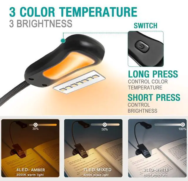 Alt view image 2 of 6 - /LuminoLite Rechargeable Amber Book Light, Clip on Lights for Reading in Bed, 3 Brightness × 3 Color Temperature, 2.1 oz Lightweight, 70 Hrs Reading, Perfect for Readers & Kids (Black)