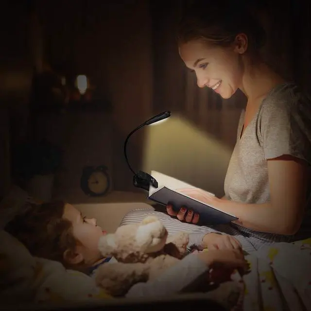 Alt view image 2 of 7 - Book Light Set with Charger, Clip on Reading Light in Bed with 3 Brightness, Up to 60 Hrs, Rechargeable, Eye-Care Warm LED for Read Before Bed (Incl Travel Case, Cable)