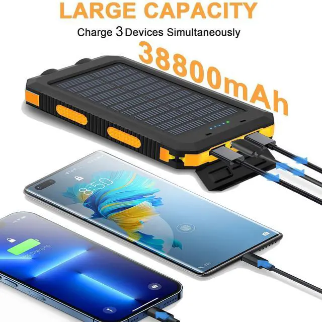 Alt view image 2 of 7 - 38800mAh Solar Power Bank, Portable Charger USB-C Fast Charging Compatible with iPhone Samsung, Dual LED Flashlight Battery Pack, 3 Output Backup Charger for Camping Hiking Outdoor Emergency