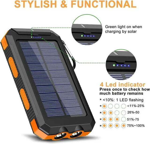 Alt view image 5 of 7 - 38800mAh Solar Power Bank, Portable Charger USB-C Fast Charging Compatible with iPhone Samsung, Dual LED Flashlight Battery Pack, 3 Output Backup Charger for Camping Hiking Outdoor Emergency