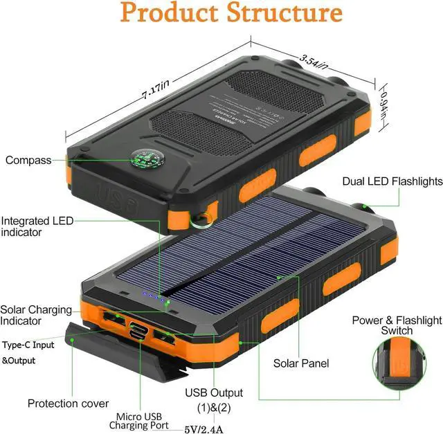 Alt view image 6 of 7 - 38800mAh Solar Power Bank, Portable Charger USB-C Fast Charging Compatible with iPhone Samsung, Dual LED Flashlight Battery Pack, 3 Output Backup Charger for Camping Hiking Outdoor Emergency