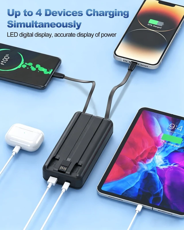 Alt view image 6 of 7 - Eliegntist Portable Charger Power Bank with Reinforced Built-in 3 Cables | 40000mAh, 22.5W PD Fast-Charge, 4 Output 3 Input, Digital Display, Compatible with iPhone 17 16 15 14 13 Android