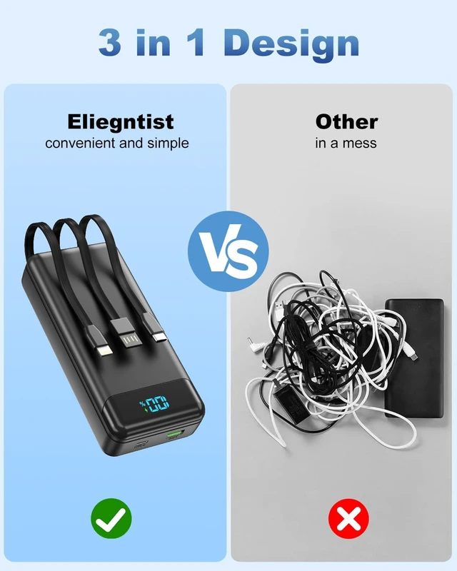 Alt view image 2 of 7 - Eliegntist Portable Charger Power Bank with Reinforced Built-in 3 Cables | 40000mAh, 22.5W PD Fast-Charge, 4 Output 3 Input, Digital Display, Compatible with iPhone 17 16 15 14 13 Android