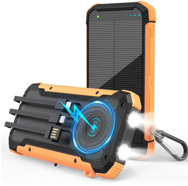 Main image of Solar Phone Charger 20000mAh Wireless Power Bank Built-in 3 Cables 15W USB-C Fast Charging Orange Battery Pack Compatible with iPhone, Samsung, Emergency LED Flashlights Perfect for Camping, Hiking