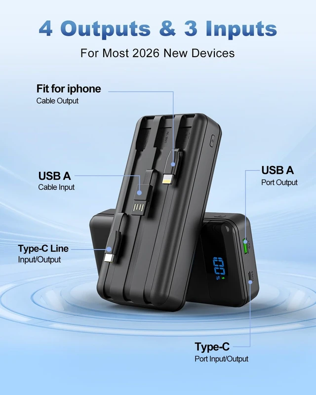 Alt view image 4 of 7 - Eliegntist Portable Charger Power Bank with Reinforced Built-in 3 Cables | 40000mAh, 22.5W PD Fast-Charge, 4 Output 3 Input, Digital Display, Compatible with iPhone 17 16 15 14 13 Android