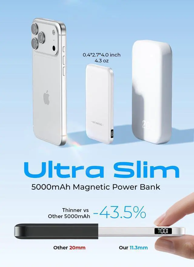 Alt view image 2 of 7 - Magnetic Portable Charger, 50% Smaller & Slimmer 5000mAh Power Bank with LED Display, 15W Fast Charging Battery Pack, Travel Essential MagSafe Compatible Charger for iPhone 17/16/15 - White