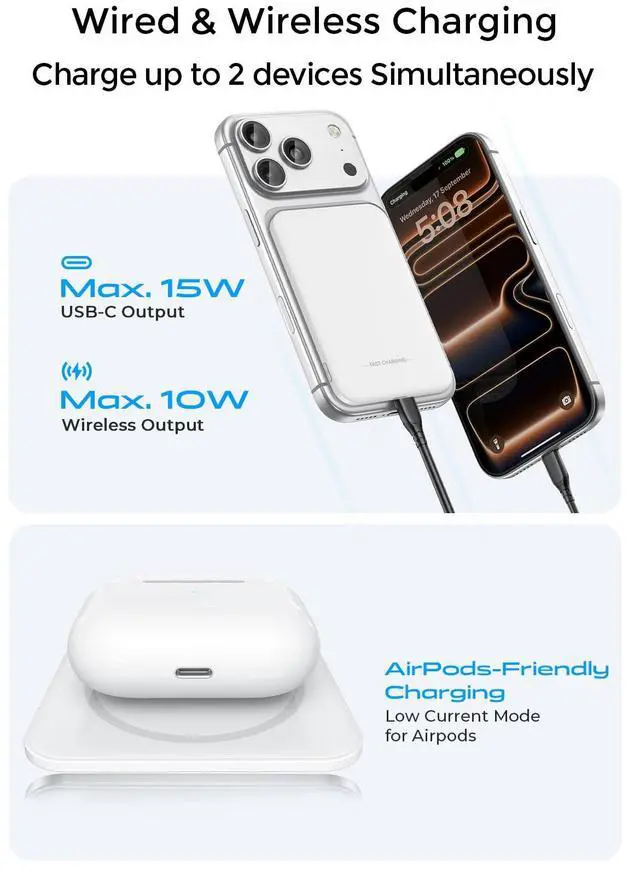 Alt view image 6 of 7 - Magnetic Portable Charger, 50% Smaller & Slimmer 5000mAh Power Bank with LED Display, 15W Fast Charging Battery Pack, Travel Essential MagSafe Compatible Charger for iPhone 17/16/15 - White