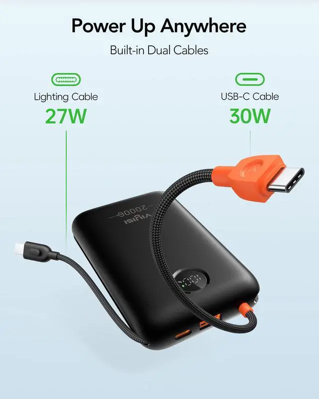 Alt view image 2 of 7 - Portable Charger 20000mAh 30W Fast Charging, Power Bank with Built-in USB C & Lighting Cables, LED Display Battery Pack Compatible with iPhone 17 16 15 14 Pro Max, iPad, Samsung Galaxy, Travel
