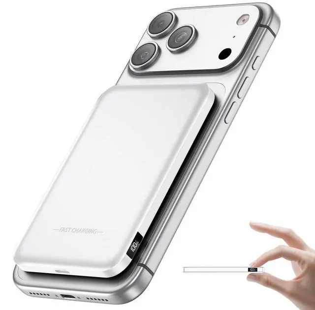 Main image of Magnetic Portable Charger, 50% Smaller & Slimmer 5000mAh Power Bank with LED Display, 15W Fast Charging Battery Pack, Travel Essential MagSafe Compatible Charger for iPhone 17/16/15 - White
