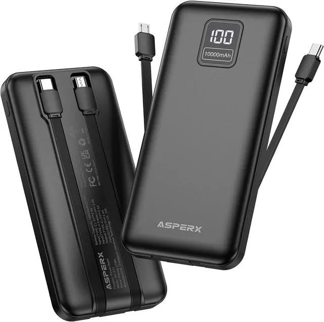 Main image of 2-Pack 10000mAh Portable Charger with Built-in Cables, USB C Travel Essential Battery Pack with 4 Outputs 2 Inputs,LED Display Power Bank with Cord Wires for iPhone Samsung Google Pixel iPad