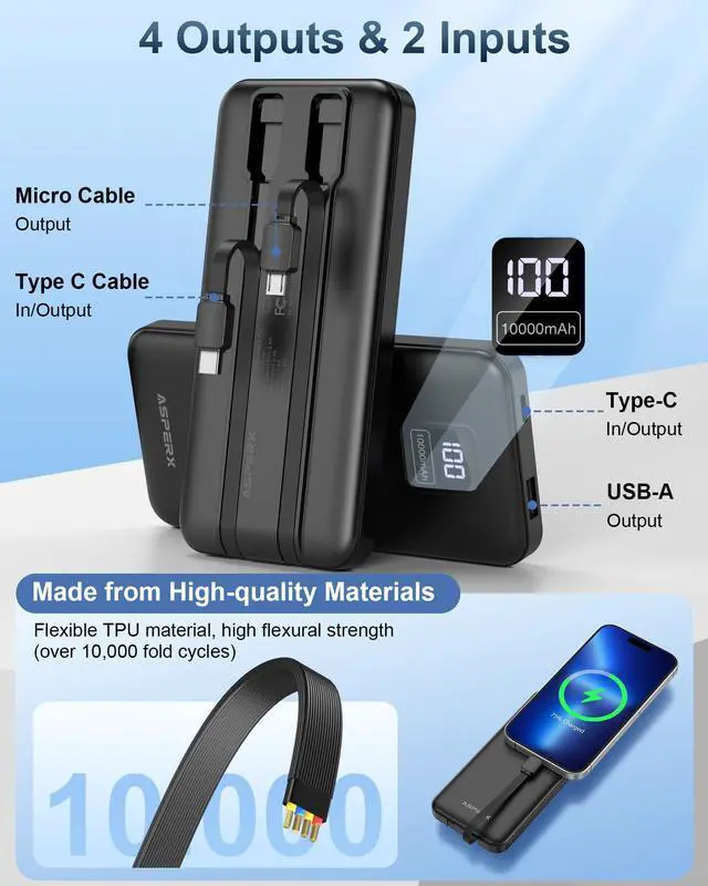 Alt view image 2 of 7 - 2-Pack 10000mAh Portable Charger with Built-in Cables, USB C Travel Essential Battery Pack with 4 Outputs 2 Inputs,LED Display Power Bank with Cord Wires for iPhone Samsung Google Pixel iPad