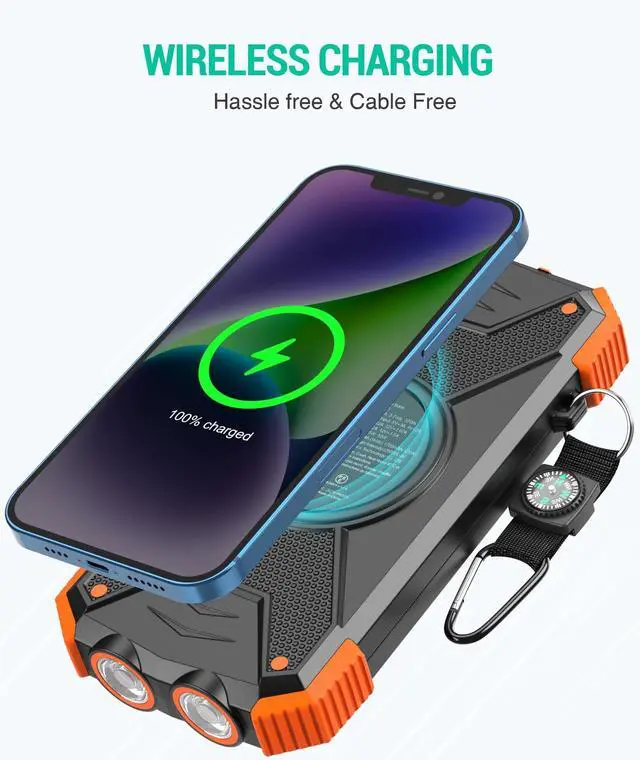 Alt view image 2 of 7 - Solar Power Bank 10,000mAh, Portable Wireless Charger, 20W Fast Charging External Battery Pack with USB C for Cell Phones, Solar Panel Charging with Dual Flashlight for Camping