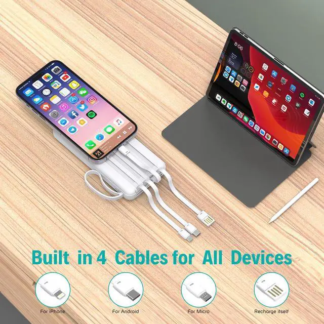 Alt view image 2 of 7 - Portable Charger with Built in Cables,10000mAh Slim USB C Power Bank,5 Output 3 Input LED Display High Speed External Battery Pack Travel Phone Charger for iPhone Samsung Pixel LG Moto iPad,White