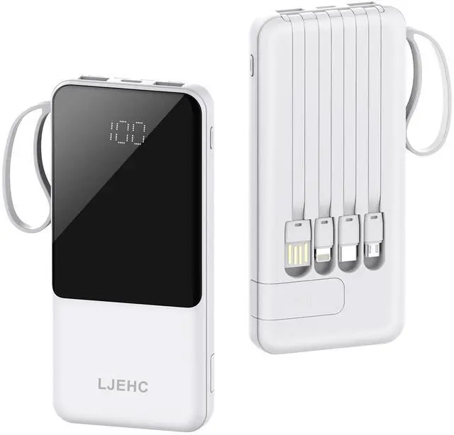 Main image of Portable Charger with Built in Cables,10000mAh Slim USB C Power Bank,5 Output 3 Input LED Display High Speed External Battery Pack Travel Phone Charger for iPhone Samsung Pixel LG Moto iPad,White