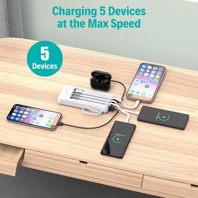 Alt view image 3 of 7 - Portable Charger with Built in Cables,10000mAh Slim USB C Power Bank,5 Output 3 Input LED Display High Speed External Battery Pack Travel Phone Charger for iPhone Samsung Pixel LG Moto iPad,White
