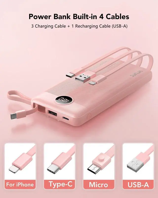 Alt view image 2 of 7 - Portable Charger Power Bank, Built-in 4 Cables & 2 Ports,10000mAh Slim Battery Pack with LED Display, Travel Essential USB C Portable Phone Charger for All Cell Phones Devices-Pink(1 Pack)
